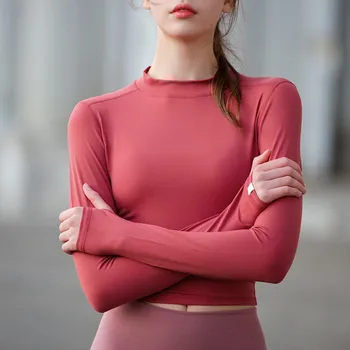 Yoga tricouri crop top pentru femei rosu croptop maneca lunga doamnelor gym t shirt solid yoga topuri trunchiate haine de antrenament pentru femei sexy