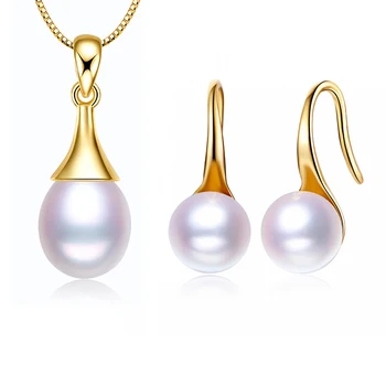 De crăciun, cupluri, cadouri pentru femei, premium natural de apă dulce argint 925 placat cu aur perla colier si cercei cu perle se