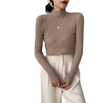 Toamna Iarna Guler Femeie Pulovere Tricotate de Culoare Solidă Maneca Lunga Slim Top Alb de Moda Haine de Toamna Pentru Femei 2020
