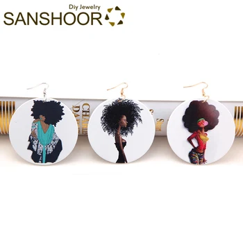 SANSHOOR 6cm Tipărite Afro Negru Fata din Lemn Picătură Cercei Afrocentric Par Natural Model Ca și Cadou de Crăciun Pentru Femei 6Pairs