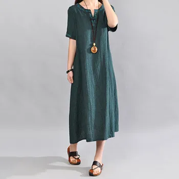Femei Vintage Lenjerie Rochie 2019 Moda de Vara V-neck Short Sleeve Culoare Solidă Buzunare Liber Casual Rochie Midi