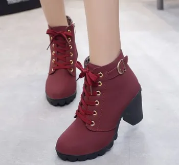 Cizme Femei Pantofi de Moda pentru Femei cu Toc Dantela Sus Glezna Cizme pentru Femei Catarama Platformă Artificială Pantofi din Piele bota feminina 2019