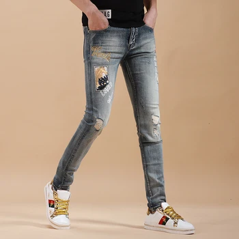 Bărbați Broderie Blugi de Moda de Vara Rupt Stretch Straight Jean