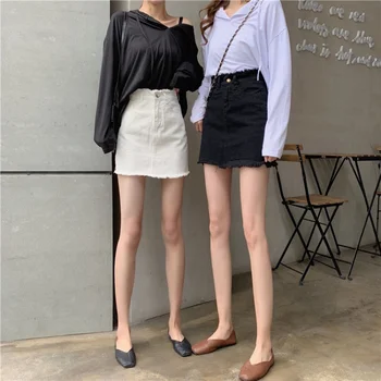 Ultra-fierbinte-linie de Denim Fuste Scurte, Fete Negru Talie Mare Uzat Jean Mini-Fuste Elegante Femei Bodycon Modă Primăvară-Vară