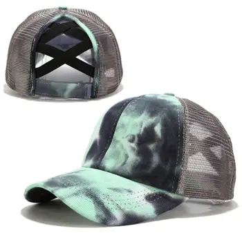 Femei Neon Colorate Tie-Dye Șapcă De Baseball Criss Cross Coada De Cal Gaura Messy Bun Respirabil Ochiurilor De Plasă De Protecție Solară Înapoi Trucker Hat
