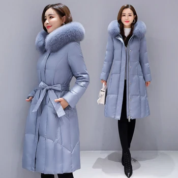 Jos jacheta stil nou de iarna pentru femei lungime medie de moda liber cu gluga real vulpe guler de pene albe în jos jacheta 00252