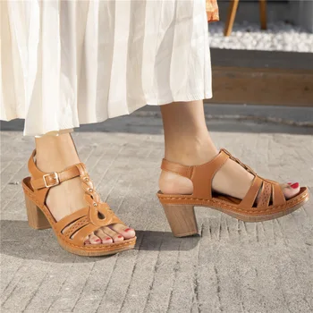 Doamnelor pantofi cataramă naturale piele naturala-sandale de bloc cu toc pentru femei pantofi deget de la picior pătrat square sandale de doamnelor fierbinte de vânzare