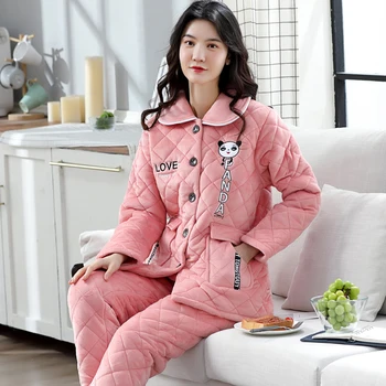 Femei matlasate pijamale drăguț panda seturi de pijama calde homesuit flanel de vata de munca femei 2 piese maneca lunga de toamna iarna îmbrăcăminte de noapte