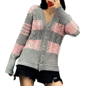 2020 Toamna noua Pulbere gri culoare de contrast V-gât pulover de lână gol casual all-meci femeie de moda sacou tricotate cardigan