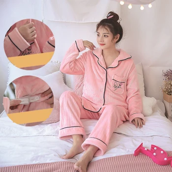Gros Calde De Iarnă Pentru Femei Seturi De Pijama Coral Catifea Cu Maneci Lungi Pijamas Pijamale Pijamale Pijamale Flanel Set Îmbrăcăminte Acasă