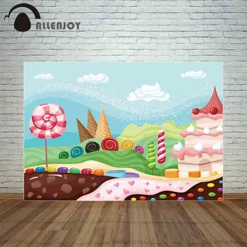 Allenjoy Candyland Banner Colorat Lollipop Tort Pajiște De Munte De Nor Ziua Fondul Copilul Desert Petrecere De Fundal Pânză