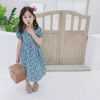 Stil coreean Fete Rochie de Vară 2020 Floral Drăguț Rochie din Bumbac cu Maneci Scurte cu Spatele gol Tipărite Fete Dress RT836