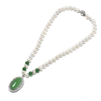 Perlele naturale de apă Dulce 8-9mm cu 25x39x10mm Verde Ovale Pandantiv Face Diy Colier de Perle Albe 18inch H506
