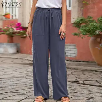 2021 ZANZEA Femei Casual Pantaloni Largi Picior de Moda de Talie Mare, Solid Pantaloni Plus Dimensiune Pantalon Nap Lung Liber Palazzo Supradimensionate