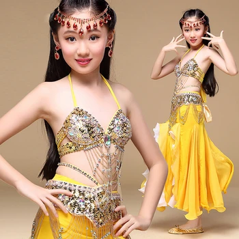 6 Culori de Performanță Etapă de Dans Oriental din Buric Haine 3-piesă de Costum Sutien, Curea, Fusta Copii Belly Dance Costum pentru Fete
