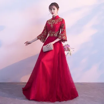 Burgundia Broderie Stil Oriental Rochii de Mireasa Chineză de Epocă, Nunta Traditionala Cheongsam Rochie Lungă Qipao Plus Dimensiune XS-3XL