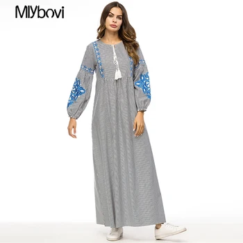 Femei Gri cu Dungi Rochie Cordon Femei Musulmane Rochie Casual, Maxi Caftan Marocan moda broderie islamic femei rochie