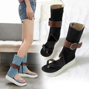 ESRFIYFE 2020 Rotund Split Degetele de la picioare Catarama Denim Singur Pantofi Femei Casual Pană Toc Platforma Cool Cizme de Primavara-Vara Pantofi