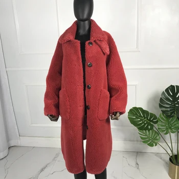 Teddy bear haina de lână sacou haina lungă nou stil de moda de iarnă Compozit Tunsă de Miel Haină de Blană buton supradimensionat turn-d