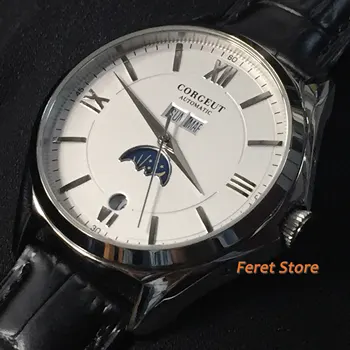 Noi Corgeut 41MM fazele Lunii ceas cadran alb, carcasa din otel Inoxidabil piele automat mechanical ceas