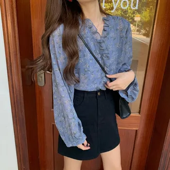 2021 Noi coreene de Vară Florale V-neck Șifon Tricouri Femei Office Vrac Felinar Sleeve Cardigan Femei Bluza Print Blusas 10116