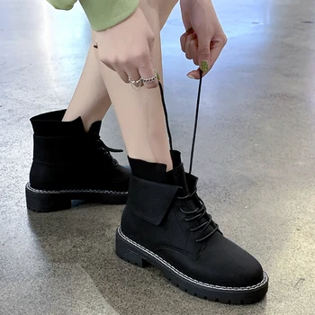 Plus Dimensiune Negru Solid Cizme Din Piele Turma Glezna Cizme Pentru Femei Pantofi Pentru Femeie Dantelă Sus Cizme Toamna Iarna Cusut Platforma Doamnelor Cizme