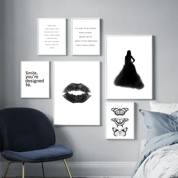 Alb Negru Acuarelă Fata Buza Fluture Arta De Perete Panza Pictura Nordică Postere Si Printuri Poze De Perete Pentru Living Decorul Camerei