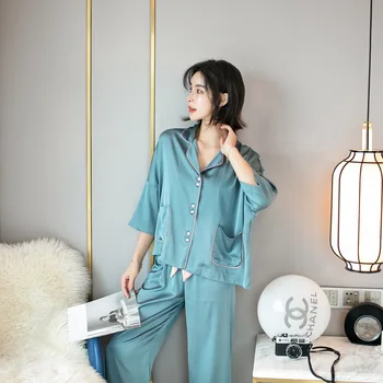 Solid Satin 2 BUC Tricou și Pantaloni Femei îmbrăcăminte de noapte, Pijamale Casual Pijamale Primavara Toamna anului Nou Haine de Acasă Matasoasa Kimono-Halat Rochia