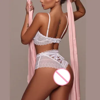 Bandaj Dantelă Sexy femei Dantelă Albă Bowknot Lenjerie Sutien Transparent Bandaj Set Body Sleepwear S-2XL erotica