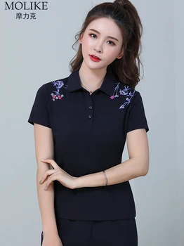 De Vară 2020 Nou Turn-guler Maneci Scurte T-shirt de sex Feminin coreeană de Moda Sacou Sport Vrac și Subțire Brodate t-Shirt