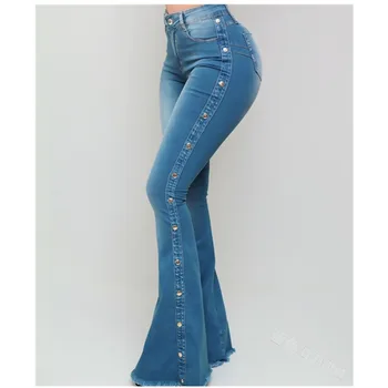 WEPBEL Moda pentru Femei Culoare Solidă Nit Slim Jeans de Primăvară și de Toamnă de Agrement Talie Mare Pocket Denim Flare Pantaloni