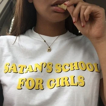 Satana Școală Pentru Fete, Galben Scrisoarea Imprimate Tricou Barbat Femei De Moda De Vara Tee Topuri