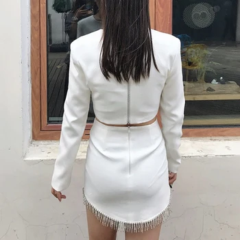 Ailigou de Înaltă Calitate, Sexy cu Maneci Lungi O-Gât Ciucure Alb din Două Piese Bandaj 2020 Celebritate Designer de Moda de Iarnă pentru Femei Costum
