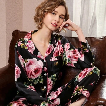 Real Pijama de Mătase de sex Feminin Primavara Toamna Viermilor de Matase cu Maneci Lungi din Două Piese Romantice de Trandafiri de MĂTASE Femeii Sleepwear Vara T8189