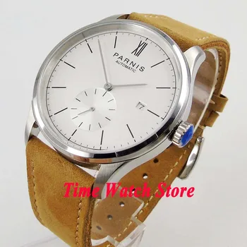 Stil simplu 42mm Parnis cadran alb DATA curea de piele 5ATM ST1731 mișcarea Automată bărbați ceas încheietura ceas 955