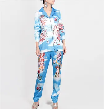 Femei Set De Pijama 2018 Vara Femei New Sosire Taie Înger De Imprimare De Sex Feminin Set De Turn-Down Guler Bluza+Elastic Talie Pantaloni Lungi Costum