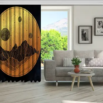 Cortina Munții și Cerul de Noapte Stele, Luna, Planete în Formă de Cerc Suprarealist opera de Arta Imprimate Galben Albastru Negru