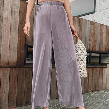 Vintage Femei Pantaloni Largi Picior de Moda Liber Solidă Talie Elastic Pantaloni Cutat 2019 Casual de Vara Doamnelor Pantaloni Șifon ZKZ009
