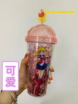Pink Star Anime Sailor Moon Cu Paie Bling Nisipuri Mișcătoare Sclipici Cană De Sticle De Apă Fată De Desene Animate Student Xmas Cadouri