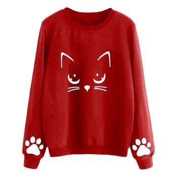 Tricou Pisica Drăguț Kawaii Harajuku Femei Hoodies Poleron Mujer 2021 Echipajul Gât Tricoul Vin Roșu Pulover Laba Pisica Print Hoodie