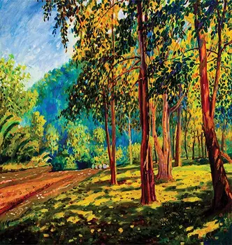 Perdea de dus Colorat Toamna Copaci de Grădină, Munte și lumina Soarelui Ulei Peisaj Pictura Culoare opere de Artă în Galben Maro Albastru