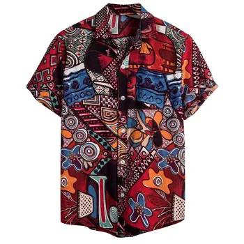 Mens Etnice Maneca Scurta Casual-Lenjerie de pat din Bumbac Imprimare Tricou Hawaii Butonul de Plajă Masculin Bluza de Sus Streetwear Camisa masculina