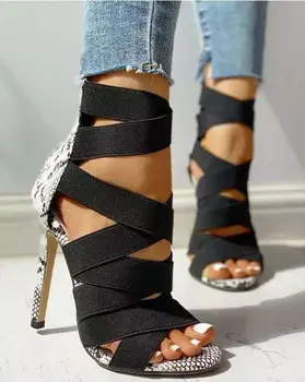 2020 Femei Femei Femei Pompe de Moda Bandaj Mozaic de Culori Amestecate Șarpe Sandale cu Toc Pantofi Casual