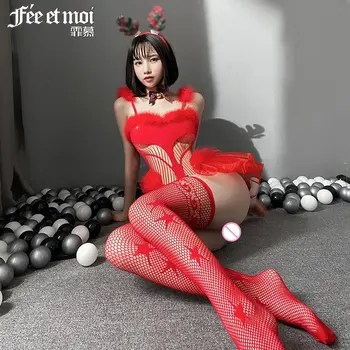 Fishnet Sexy Body Femei Crăciun Roșu Set de Lenjerie Erotica Doamnelor Costume Cosplay Gol afară Tinuta Pijamale Fericit Cadouri