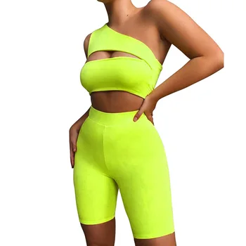 2 Peice Set Sexy Femei De Vară 2020 Tinuta Sport Verde Neon Negru Din Două Piese Pe Un Umăr Top Femei Trening Conjunto De Mujer