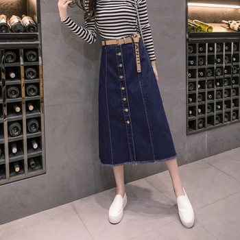 2018 Moda Coreeană Stil Preppy Denim Femei Rupt Albastru Fusta Lunga Cu Talie Înaltă Femei Singure Pieptul Casual, O Linie Fusta Jean