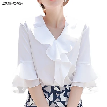 Ciufulit De Proiectare Femei V-Neck Șifon Bluza De Vară 2020 Jumătate Maneca Birou Doamnă Femei Flare Sleeve Bluze Albe