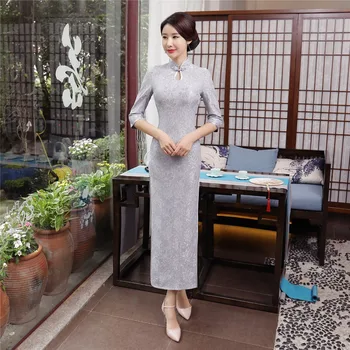 Shanghai Povestea Cheii Chineză Rochie Lungă Cheongsam Catifea Qipao Dantela Oriental rochie Maneca 3/4 Catifea Vintage Cheongsam