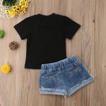 PUDCOCO Copii Elegante pentru Copii Fete Scrisoare Arc cu Maneci Scurte T-shirt Squins pantaloni Scurti din Denim Pantaloni Jeanes Haine 1-6M
