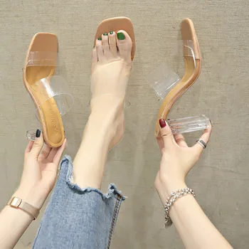 Noi Transparente Rece Papuci De Femei Pantofi Pentru Femeie Slide-Uri De Vară De Cristal Gros Tocuri Inalte Pantofi Doamnelor Papuci De Catâri Plus Dimensiune 40